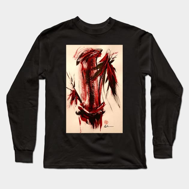 Scarlet Solace - Original Sumi-e Bamboo Painting Long Sleeve T-Shirt by tranquilwaters